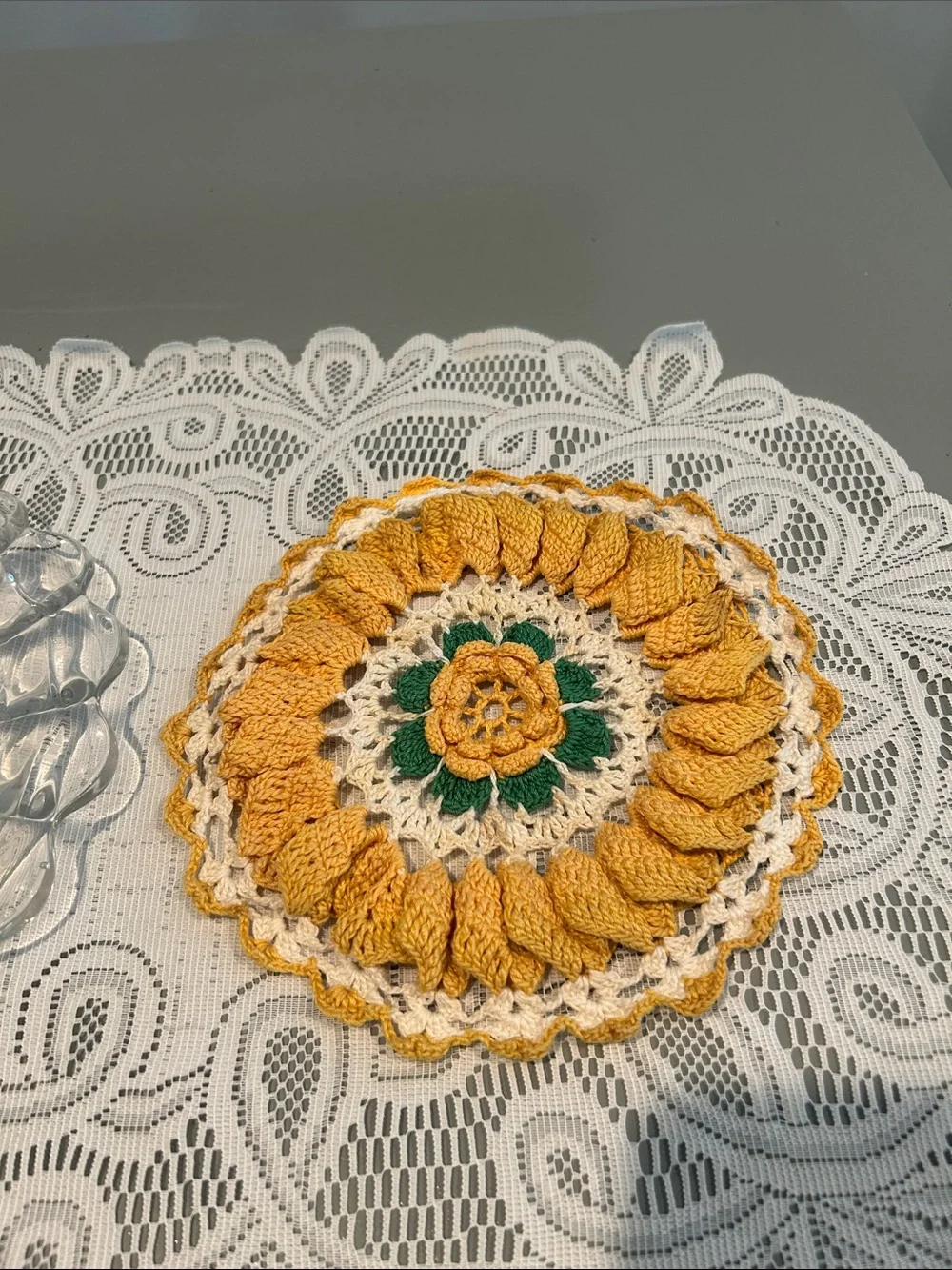 Crystal Cloche with Crystal plate with Yellow Crochet Doily H 7 in dia 8.5 in